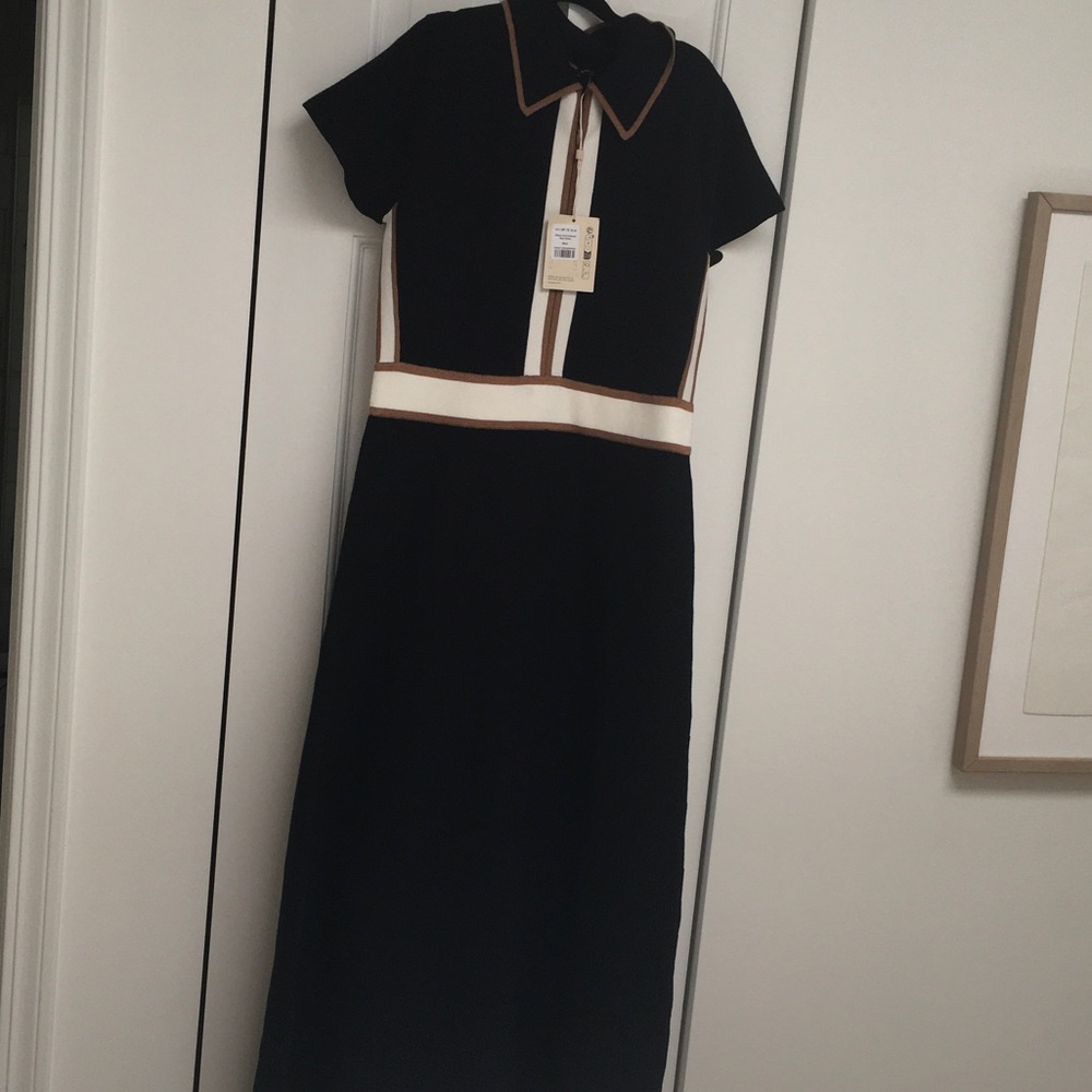 ME+EM Collared Contrast-Stripe Merino Wool-Blend Maxi Dress